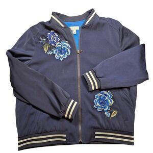 Susan Graver Navy Blue Bomber Jacket‎ Floral Embroidered Womens M Grandmacore